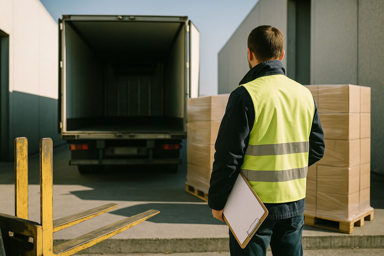 Una banchina di carico al mattino, con un camion telonato e i bancali pronti