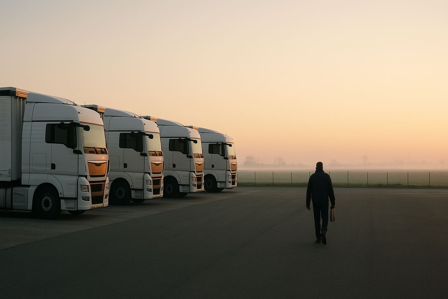 Il piazzale di un'azienda di trasporti all'alba, con i mezzi pronti a partire