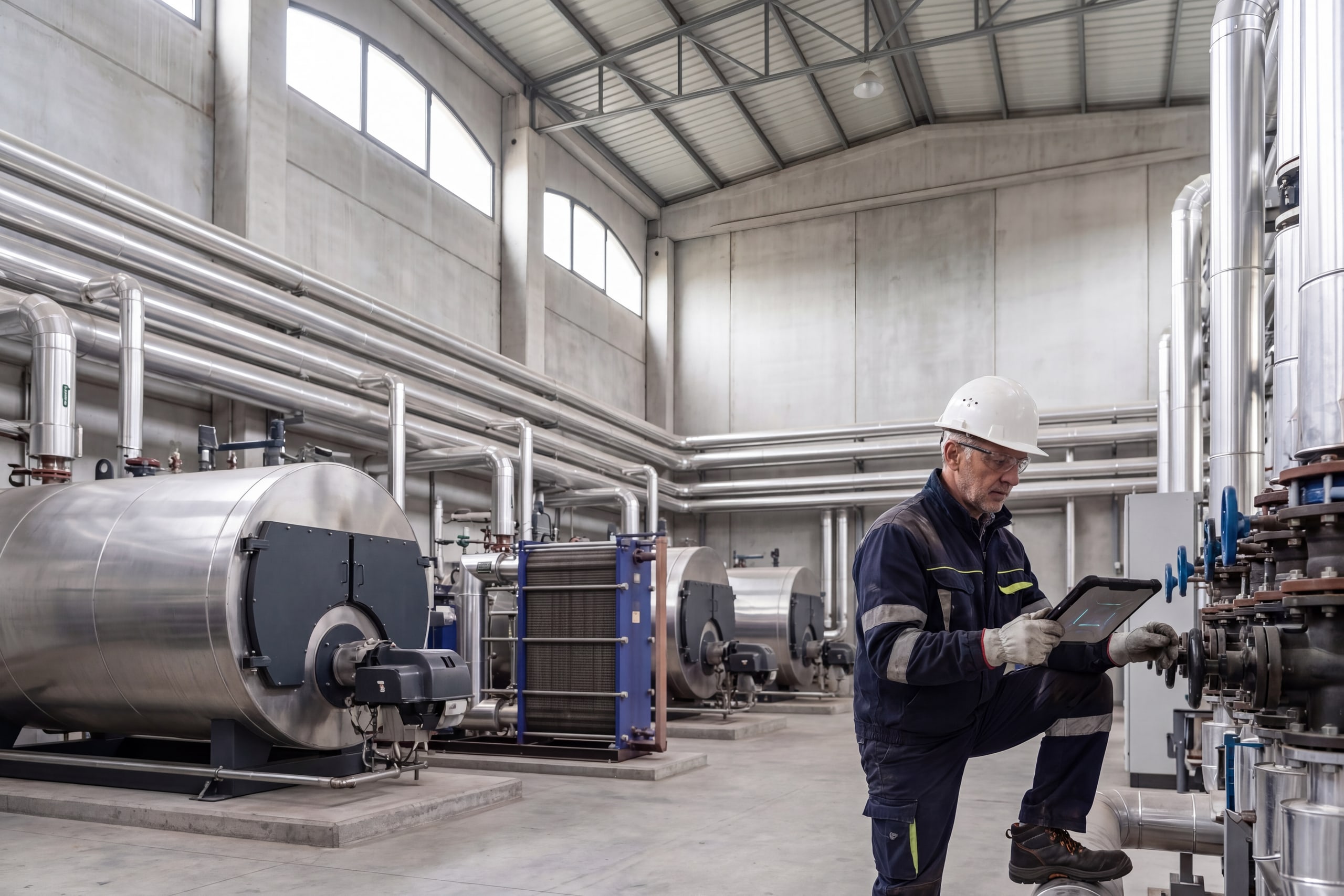 Centrale termica con caldaia in acciaio e scambiatore blu; una persona con DPI regola una valvola, tablet in mano.