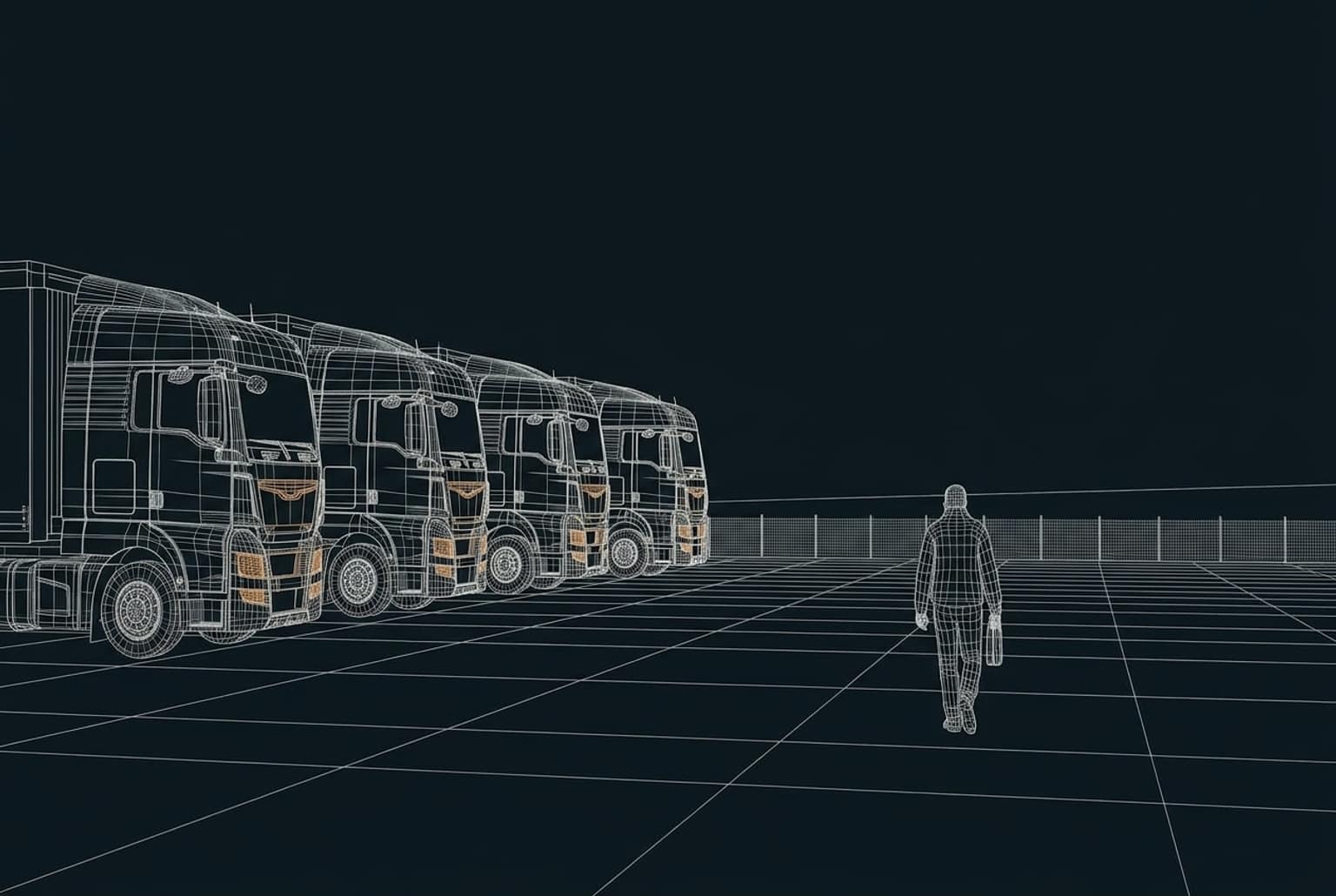 Modello digitale del piazzale: camion e una persona rappresentati con contorni a linee.